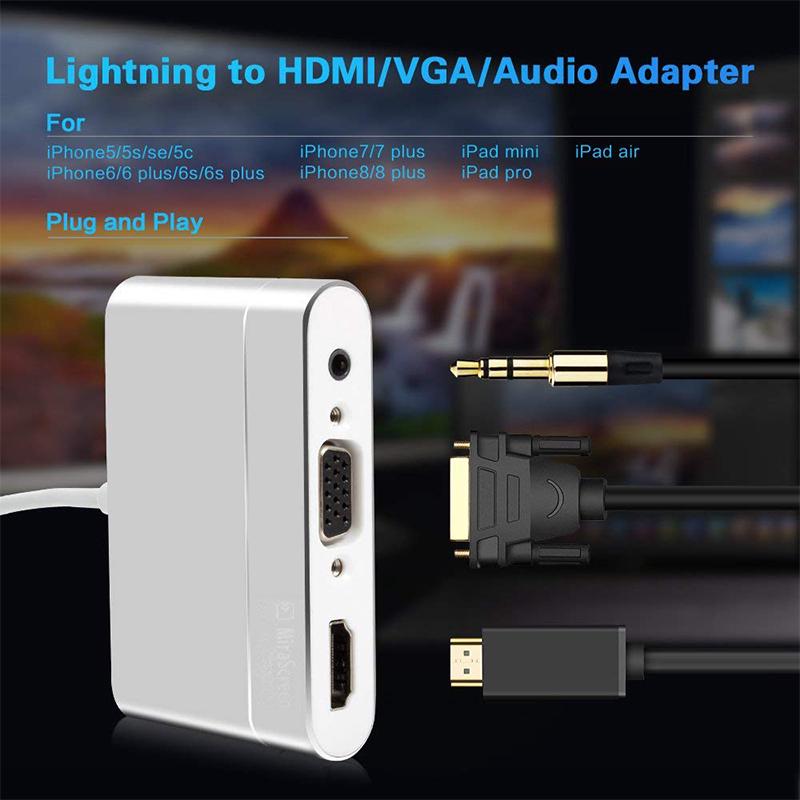 อะแดปเตอร์เสียง Lightning Interface to HDMI + VGA 3.5 มม. สำหรับ iPhone iPad