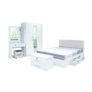 ชุดห้องนอน Milano Set 5 ฟุต + ตู้เสื้อผ้า + โต๊ะแป้ง 80 cm + ตู้ข้างเตียง + ที่นอนสปริง (สีขาว) โค้ดส่วนลด Q6BKS4QF