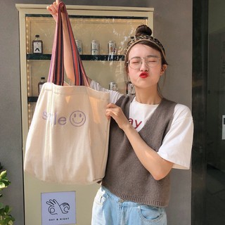Hotwind​ (พร้อมส่ง) ​กระเป๋า​ผ้าแคนวาสแฟชั่นสไตล์​เกาหลี​สุดฮิต NO.smile01
