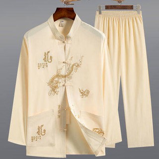 ชุดกีฬาผู้ชาย Tang suit male middle-aged men's clothing Chinese clothes Chinese wind dad long sleeve set summer grandfat (1)