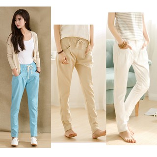 (S-XXL) กางเกงขายาว ผ้า Cotton ลินิน เอวยางยืด กระเป๋าหน้า มี3สี กากี/ฟ้า/ขาว # 1004