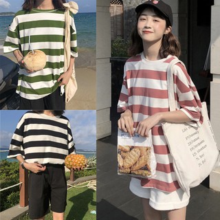 Ksaluluเสื้อยืดแขนสั้นลายทางผู้หญิง Oversize Striped T-shirt เสื้อผ้าแฟชั่นวัยรุ่น เสื้อเสื้อโอเวอร์ไซสสไตล์เกาหลี