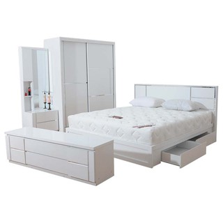 ชุดห้องนอนสีขาว 6 ฟุต รุ่น-ROBIN ROOM เตียง+ตู้ผ้า+โต๊ะแป้ง+ตู้วางทีวี+ที่นอนสปริง