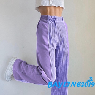 Bay - กางเกง ขายาว ลําลอง เอวสูง ผ้าลูกฟูก สําหรับสตรี