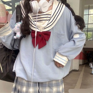 🔥Hot Sale ฤดูใบไม้ร่วงวิทยาลัยญี่ปุ่นสาวนุ่มน่ารักหมีเย็บลายกองทัพเรือคอเกาหลีหลวมนักเรียนเสื้อเสื้อ [จัดส่งภายใน 15 วั (1)