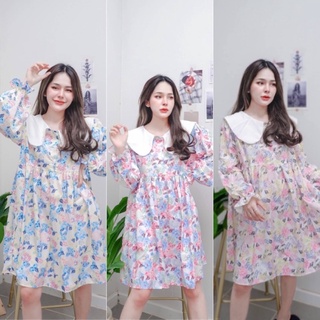 มินิเดรส Minidress ชุดเดรสคอปกน่ารักสไตล์เกาหลี เสื้อแขนยาวคอปก เสื้อลายดอกไม้น่ารัก เสื้อคลุมท้องชุดคาเฟ่ ชุดเดรสน่ารัก