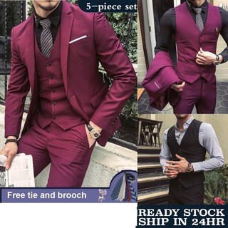 Burgundy Suit Men Groom Slim Fit 3 Piece Tuxedo Prom Wedding Suits Blazer Jacket+Pant+Vest 2k07