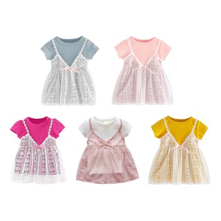 Summer Baby Girl Fashion Princess Lace Soft Short Sleeve Tutu Dress Fake 2 Piece Sundress Outfit Clothes nkKq