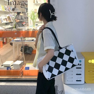 2021Korean Dongdaemun Black and White Chessboard Plaid Large Capacity Totes Shopping Bag Canvas Women's Shoulder Handbag