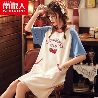 ♞Antarctic cotton nightdress female summer short-sleeved pajamas loose thin spring and autumn student cute dress princes