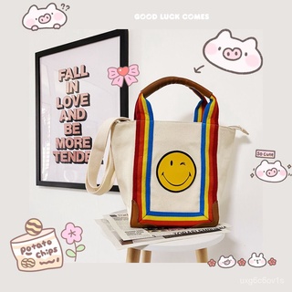2020Korean Style Healing Rainbow Smiley Face Canvas Bag Shopping Bag Shoulder Crossbody Mummy Bag Women's Portable Tote