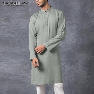 ✌INCERUN Men Muslim Shirt Long Sleeve Islamic Arabic Kaftan Solid Streetwear Stand Collar Button Vintage Casual Men Clot
