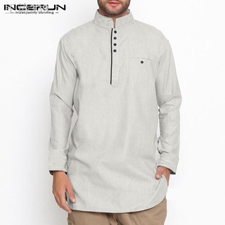 ♨♟Vintage Men เสื้ออินเดียเสื้อผ้าฝ้ายคอตั้งกระดุมแขนยาวยาวเสื้อผู้ชายเสื้อผ้ามุสลิม INCERUN 2021 Plus ขนาด