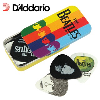 D'Addario® 1CAB4-15BT2 ปิ๊กกีตาร์ พร้อมกล่องโลหะ ลายศิลปิน The Beatles (1 แพ็ค มี 15 ตัว, 3 ดีไซน์, หนา 0.7 มม)