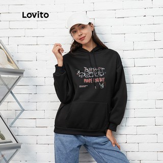 Lovito เสื้อสเวตเชิ้ต พิมพ์ลายตัวอักษร แบบเชือกรูด สไตล์ลำลอง L07185 (สีดำ)