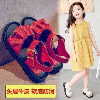 热销夏季休闲女童凉鞋10สาวหนัง11แบนหนุ่มใหญ่13สีแดง12รองเท้าเด็ก8นักเรียน9-ปี-เก่า