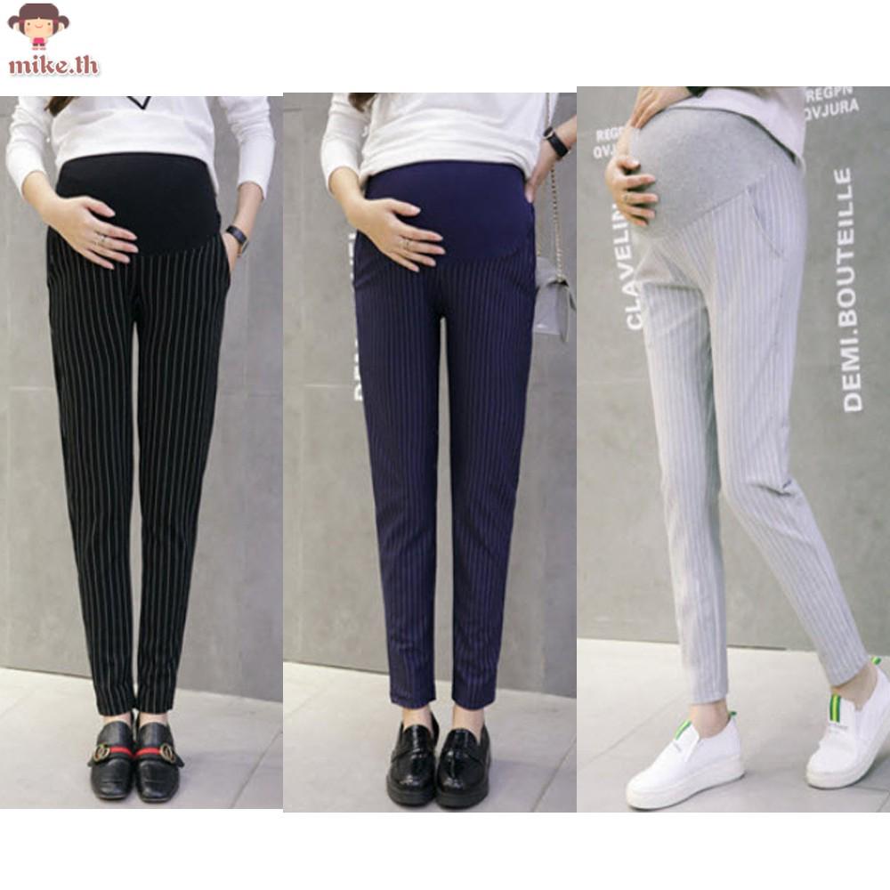 (M-XXL) กางเกงคนท้อง ขายาว ผ้าลายเส้นขาว ผ้ายืด นิ่มใส่สบาย ใส่ทำงานได้