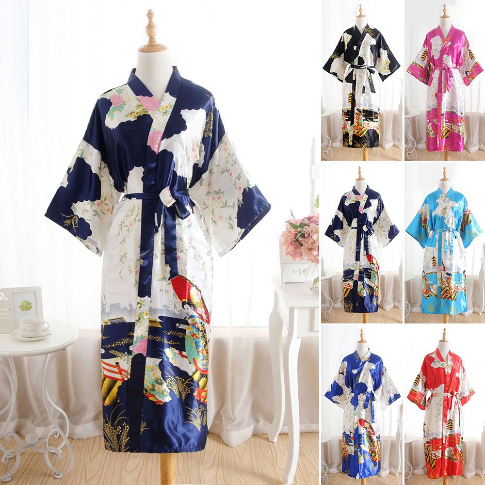Women Long Satin Bathrobe Bridal Wedding Kimono Gown Robes Jacket Coat Dress