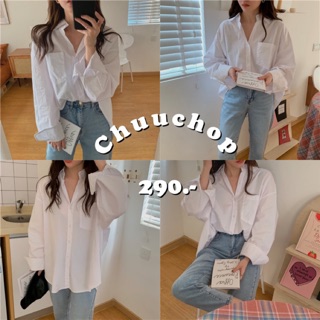 CHUUCHOP - พร้อมส่ง(C1273)🥞Pudding white shirt เสื้อเชิตแขนยาวคอปกสีขาว