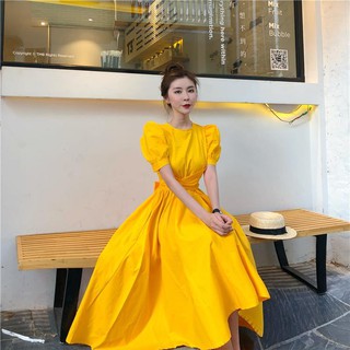 ชุดสีเหลืองหญิงฤดูร้อนส่วนยาวย้อนยุคแขนพัฟกระโปรงเอวเล็กผอมและสดAคำกระโปรง