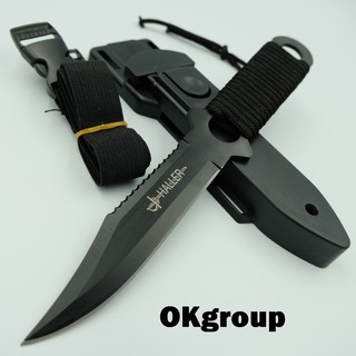 OKgroup FX002-BLACK and SILVER Fixed Blade knife มีดพกพา มีดเดินป่า มีดดำน้ำ มีดใบตาย ยาว21ซม. แถมปลอกพลาสติกและที่รัดขา