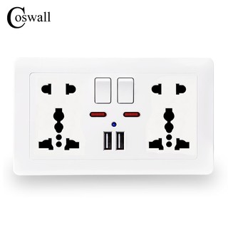 Coswall เต้ารับไฟฟ้าคู่สากล 5 รูสลับ 2.1A USB สองพอร์ต เครื่องชาร์จไฟ LED แสดงสถานะ ขนาด 146 มม. * 86 มม.