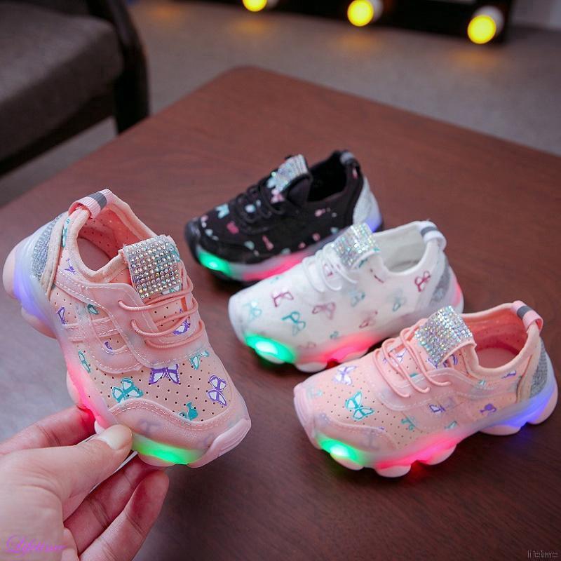 รองเท้าผ้าใบเด็กกันลื่นมีไฟ LED 21-25