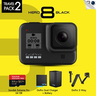 Gopro Hero 8 Black Travel Pack 2 Dual Charer + Battery, Gopro 3 Way, Sandisk Extreme Pro 64GB ประกันศูนย์ไทย 1 ปี